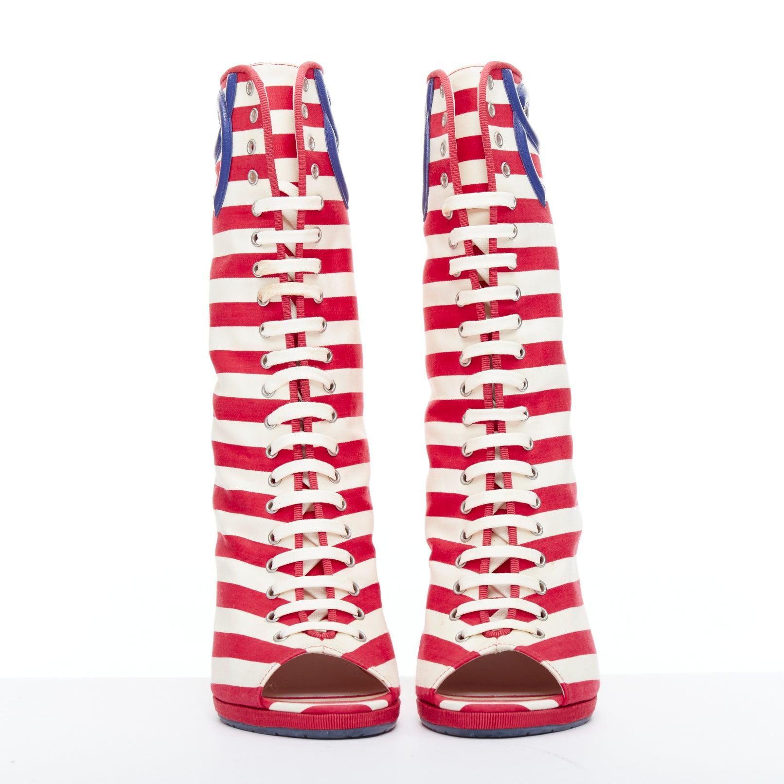 CHANEL 2010 rRunway red cream stripe canvas blue leather CC boots EU38 In Good Condition In Hong Kong, NT