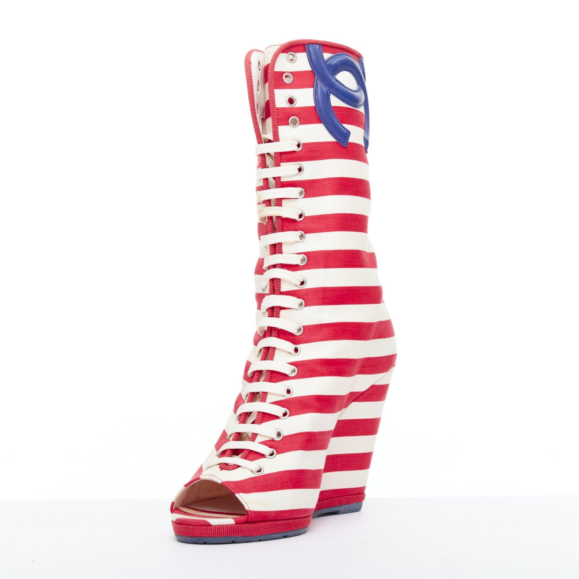 Women's CHANEL 2010 rRunway red cream stripe canvas blue leather CC boots EU38