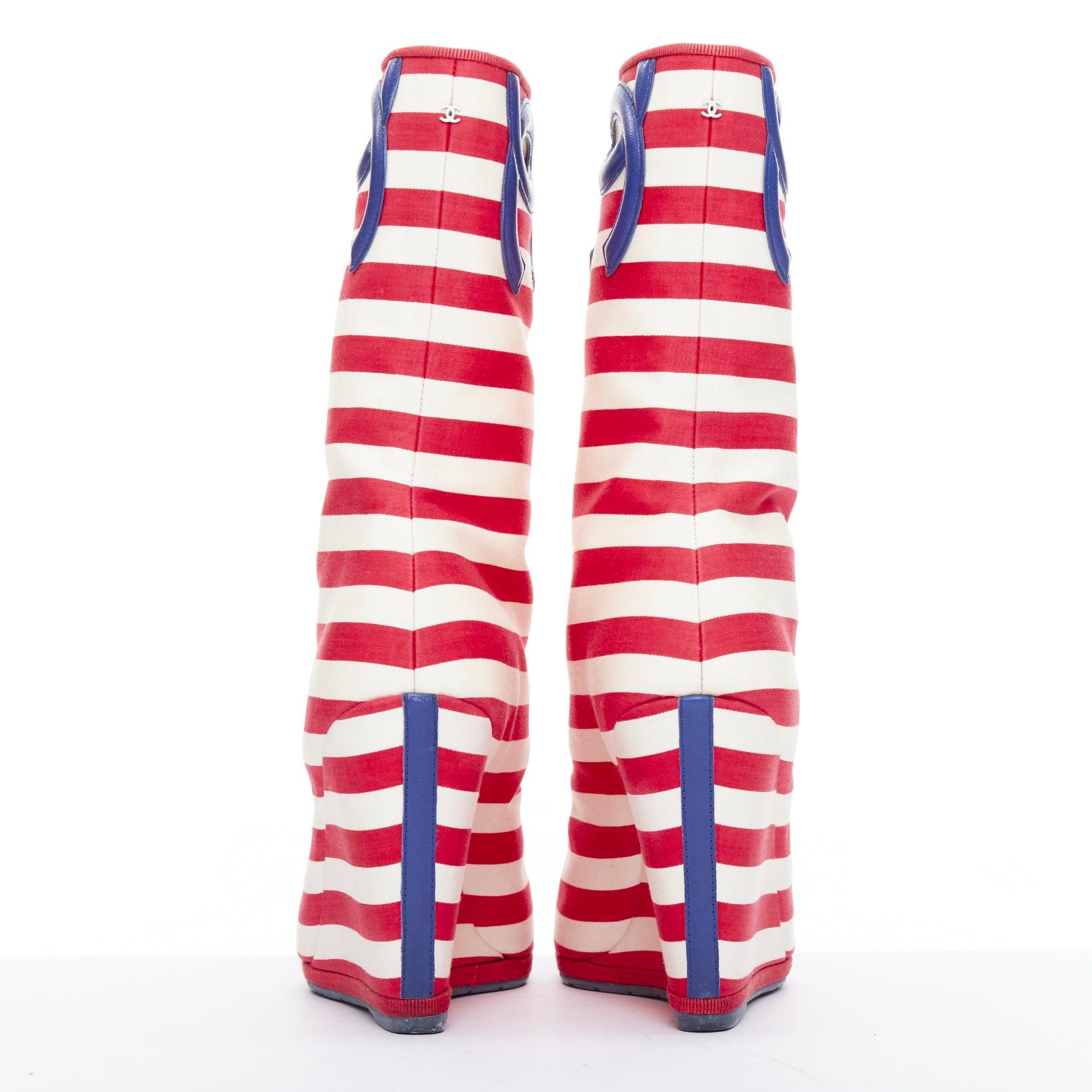 CHANEL 2010 rRunway red cream stripe canvas blue leather CC boots EU38 1