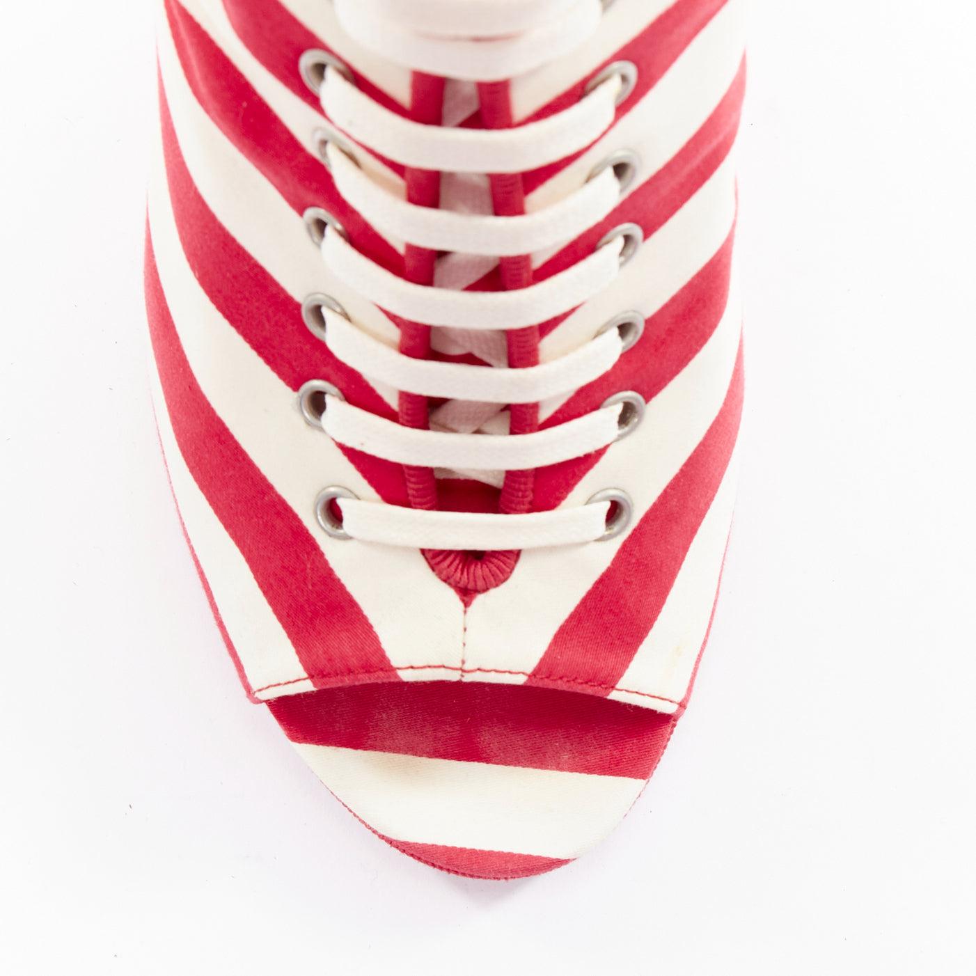 CHANEL 2010 rRunway red cream stripe canvas blue leather CC boots EU38 2