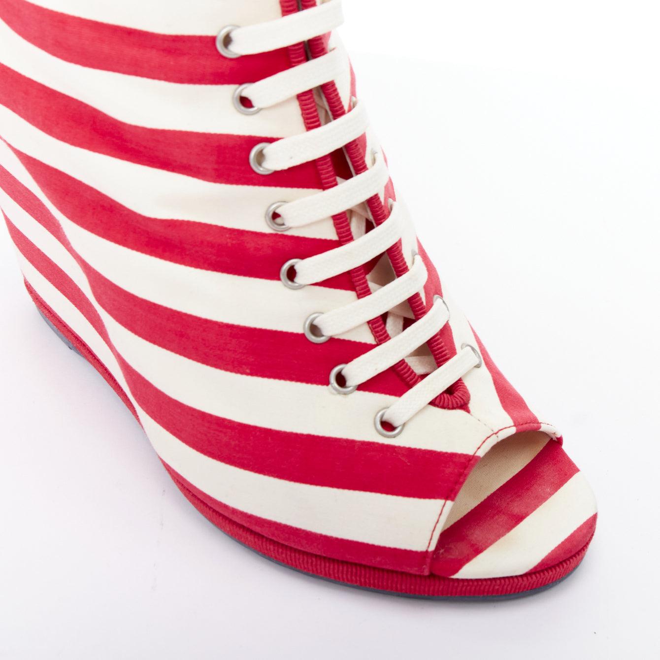 CHANEL 2010 rRunway red cream stripe canvas blue leather CC boots EU38 3