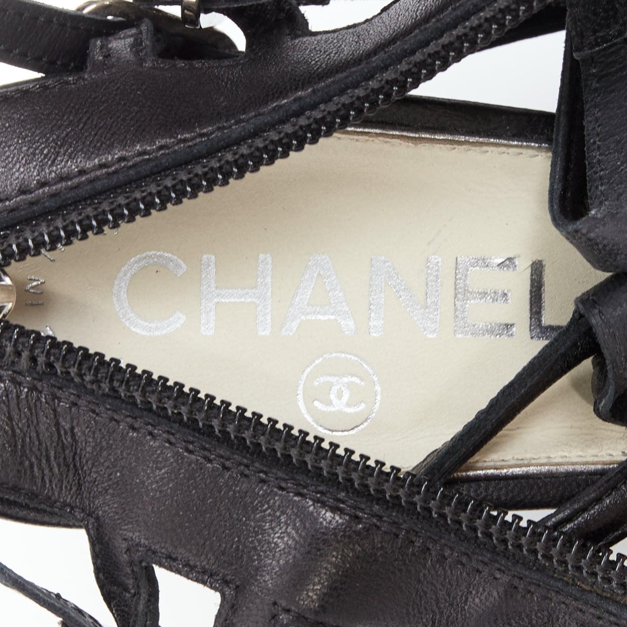 CHANEL 2010 Runway black leather gladiator wedge sandals EU38 5
