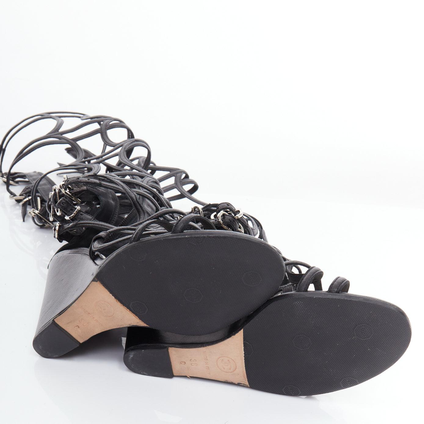 CHANEL 2010 Runway black leather gladiator wedge sandals EU38 7