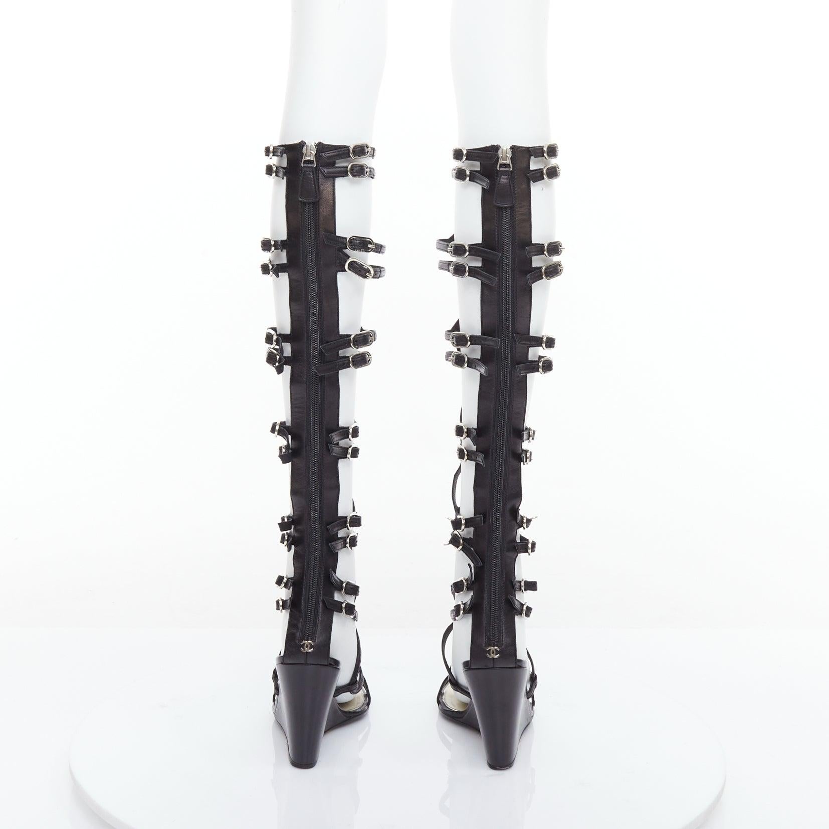 CHANEL 2010 Runway black leather gladiator wedge sandals EU38 In Fair Condition In Hong Kong, NT