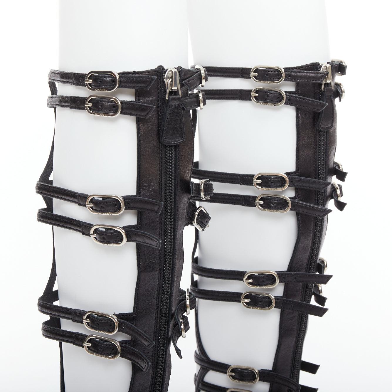 CHANEL 2010 Runway black leather gladiator wedge sandals EU38 2