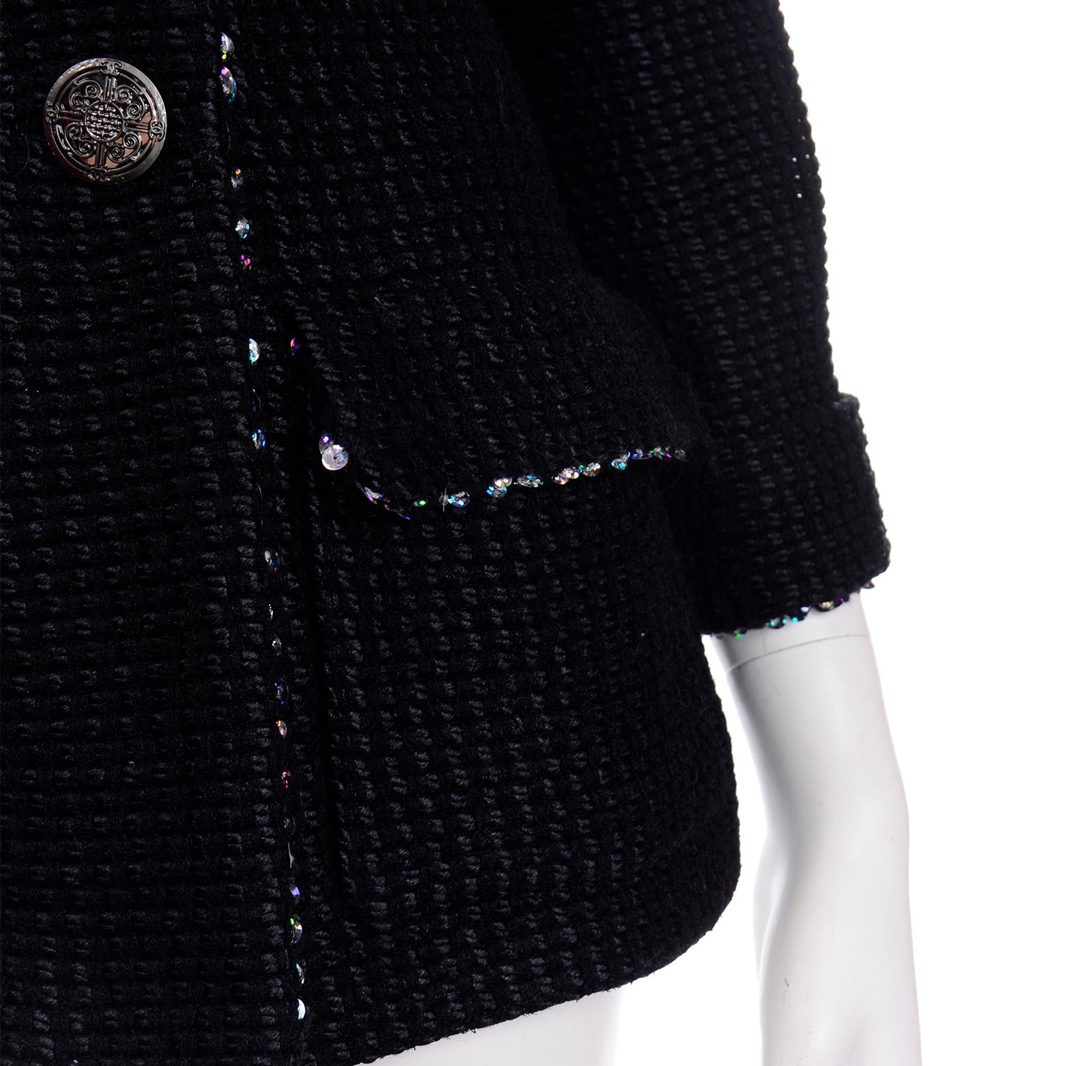Chanel 2010 Shanghai Collection Black Silk Wool Blend Holographic Sequins Jacket 10