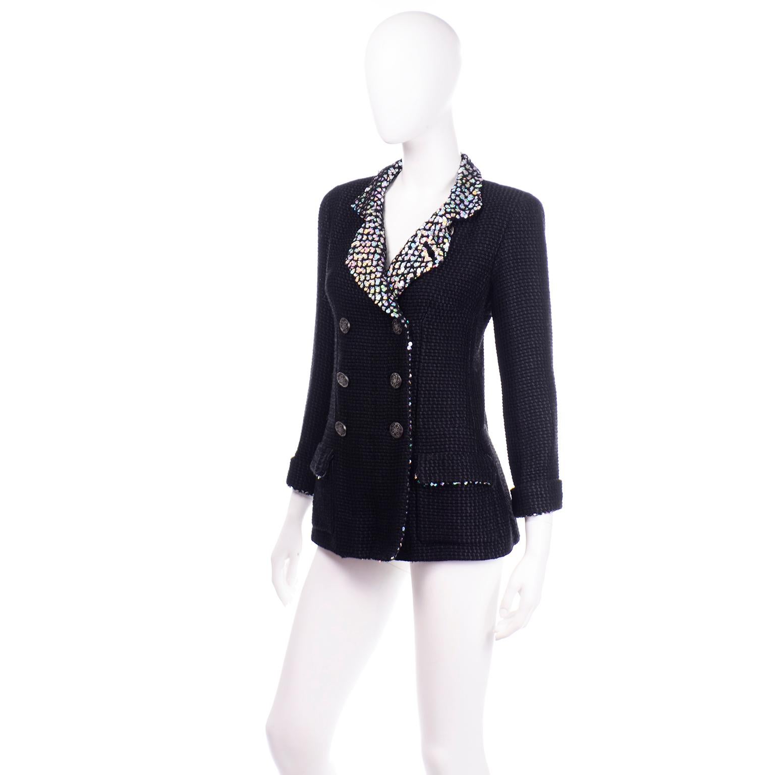 Women's Chanel 2010 Shanghai Collection Black Silk Wool Blend Holographic Sequins Jacket