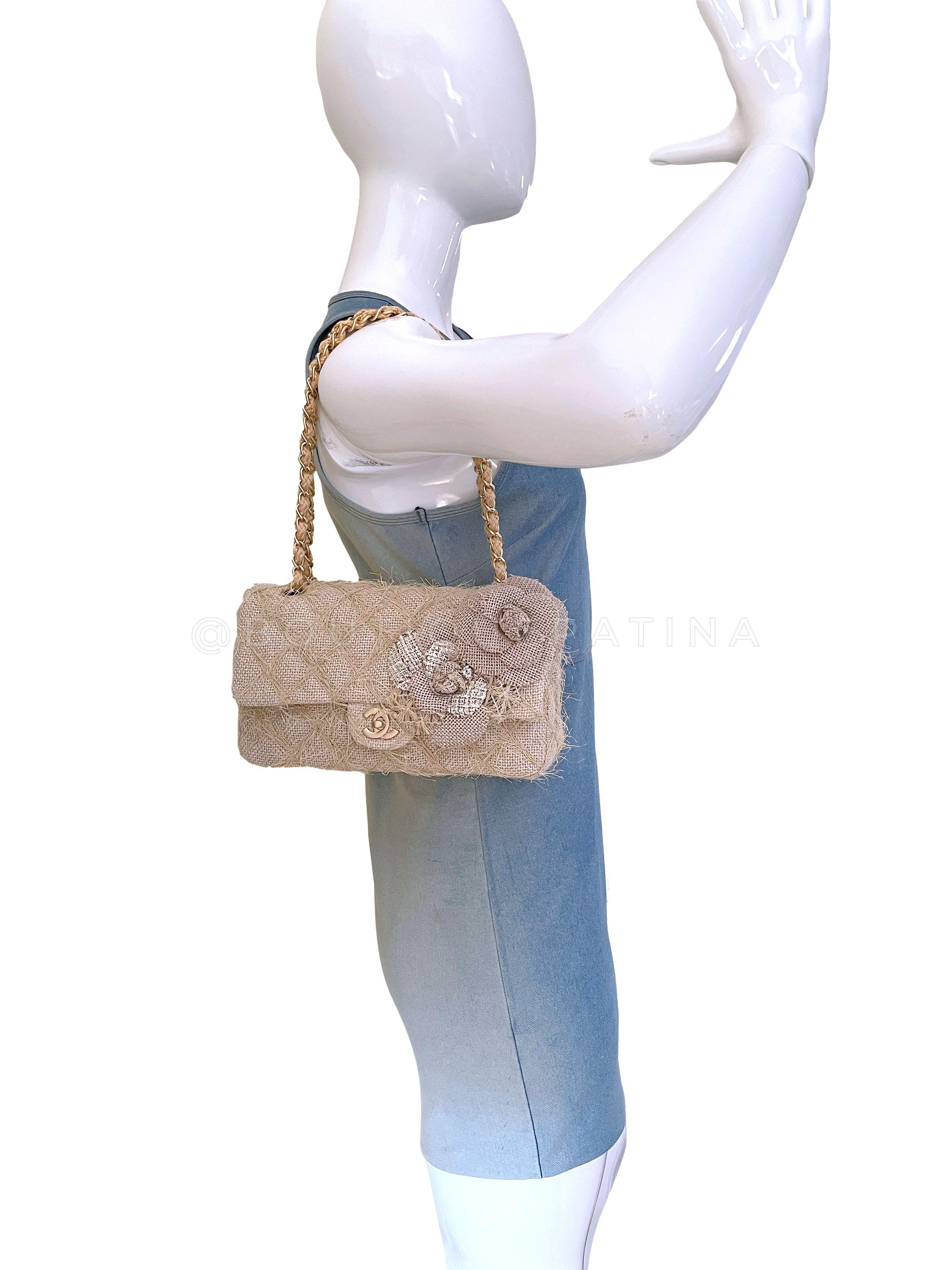 Chanel 2010 Taupe Beige Camellia Straw Raffia Classic Flap Bag GHW 66611 8
