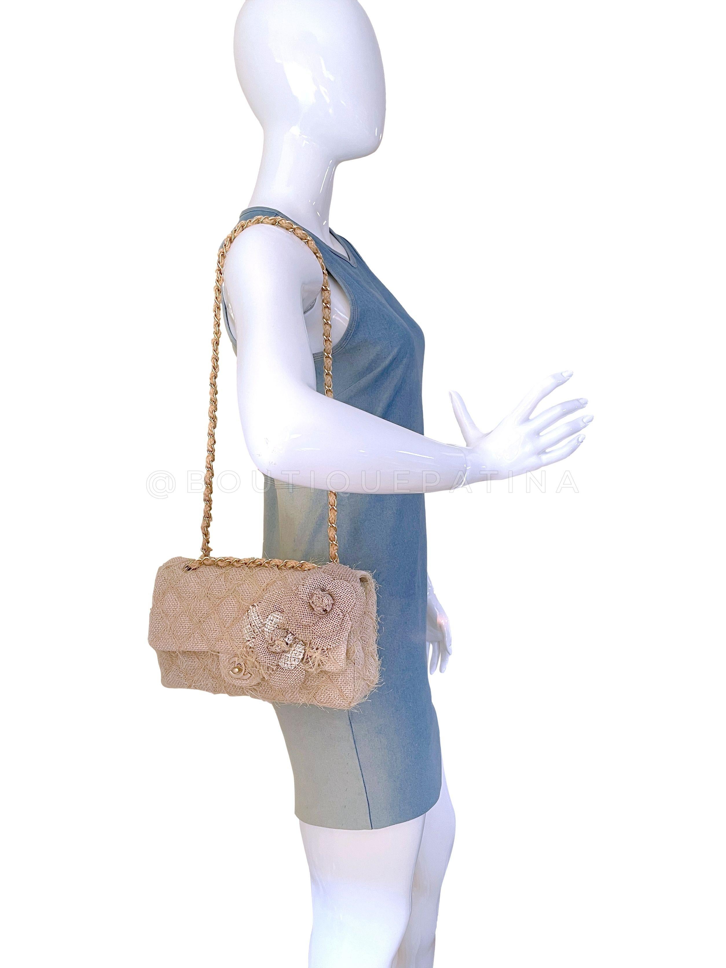 Chanel 2010 Taupe Beige Camellia Straw Raffia Classic Flap Bag GHW 66611 9