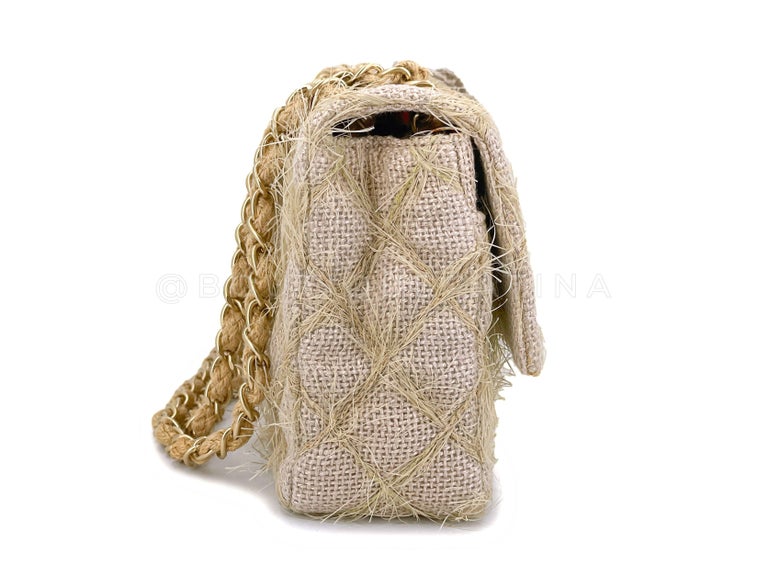 Women's Chanel 2010 Taupe Beige Camellia Straw Raffia Classic Flap Bag GHW 66611 For Sale
