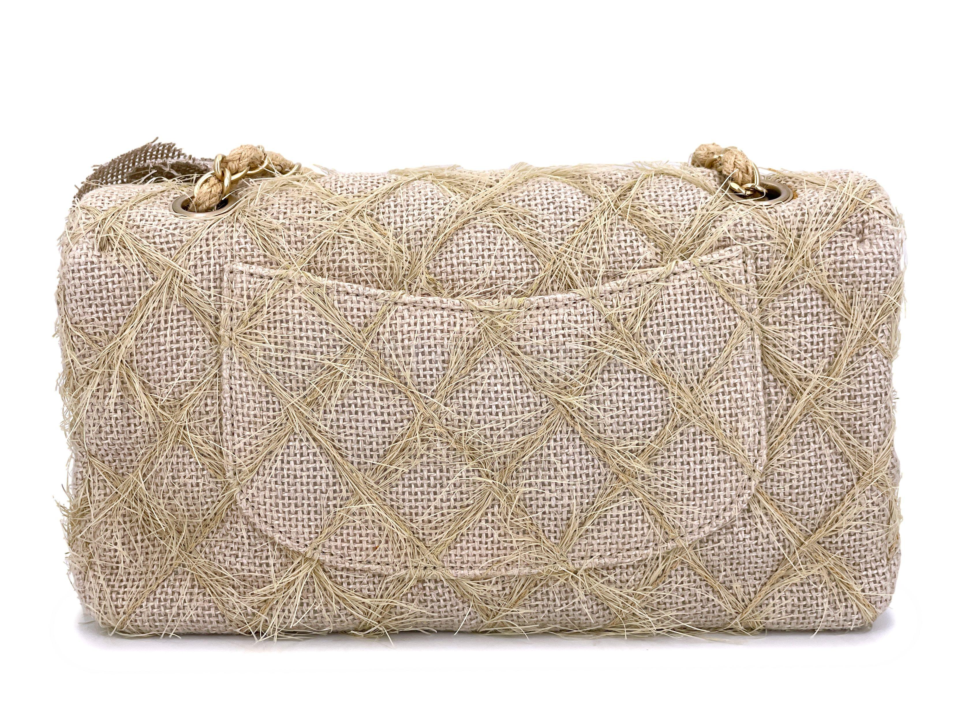 Chanel 2010 Taupe Beige Camellia Straw Raffia Classic Flap Bag GHW 66611 In Excellent Condition In Costa Mesa, CA