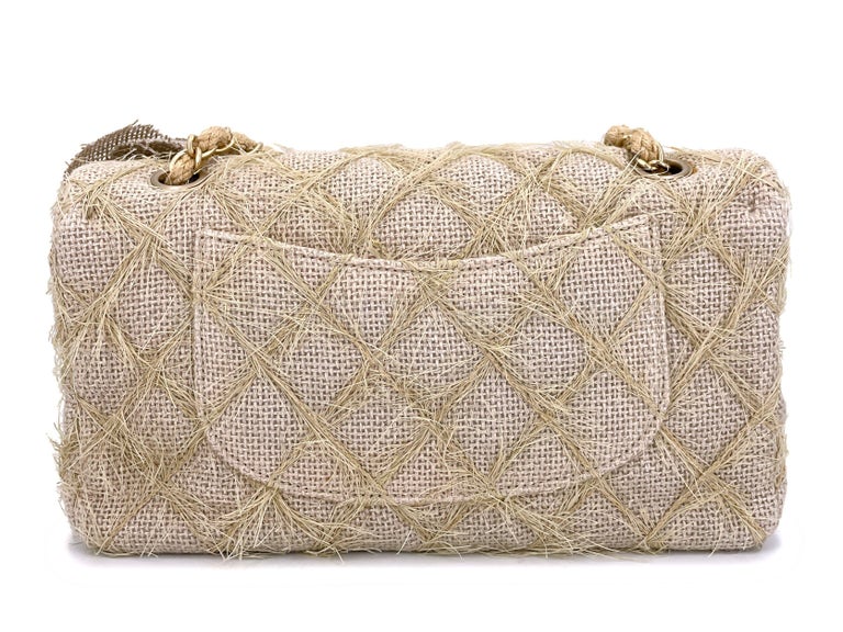 Chanel 2010 Taupe Beige Camellia Straw Raffia Classic Flap Bag GHW 66611 For Sale 1