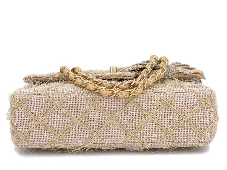 Chanel 2010 Taupe Beige Camellia Straw Raffia Classic Flap Bag GHW 66611 For Sale 2