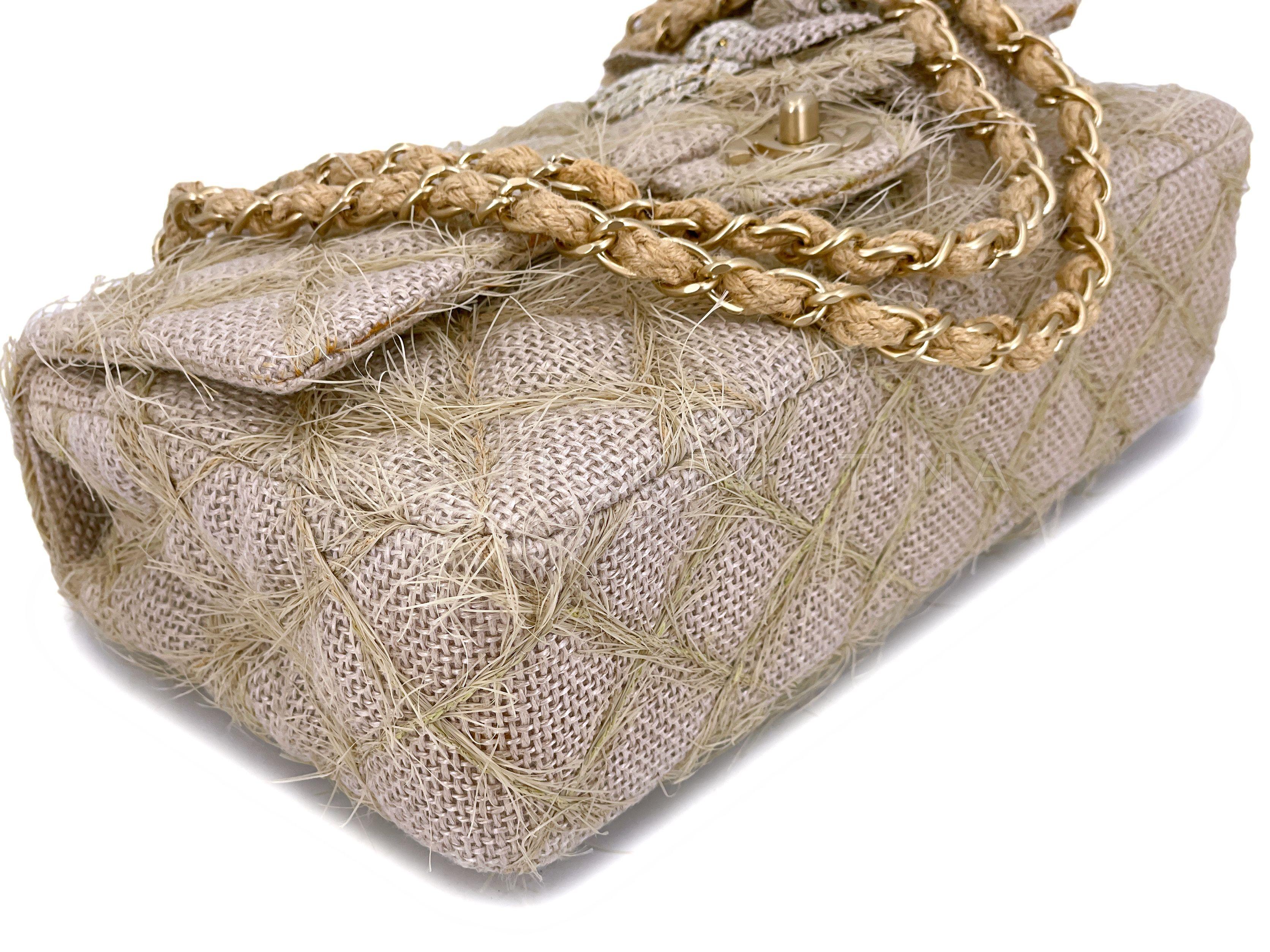 Chanel 2010 Taupe Beige Camellia Straw Raffia Classic Flap Bag GHW 66611 1