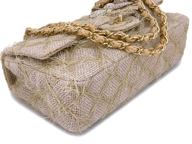 Chanel 2010 Taupe Beige Camellia Straw Raffia Classic Flap Bag GHW 66611 For Sale 3