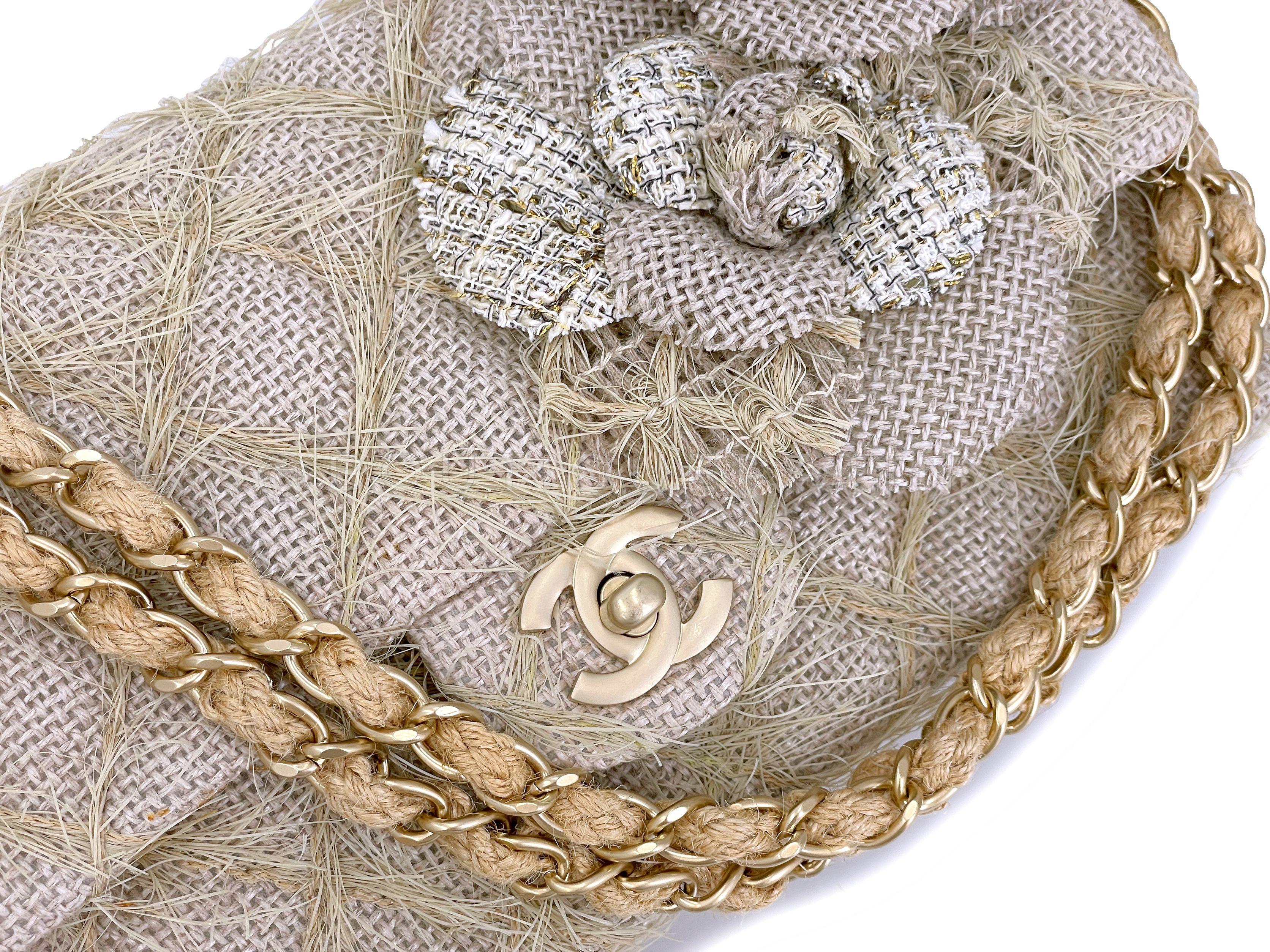 Chanel 2010 Taupe Beige Camellia Straw Raffia Classic Flap Bag GHW 66611 2