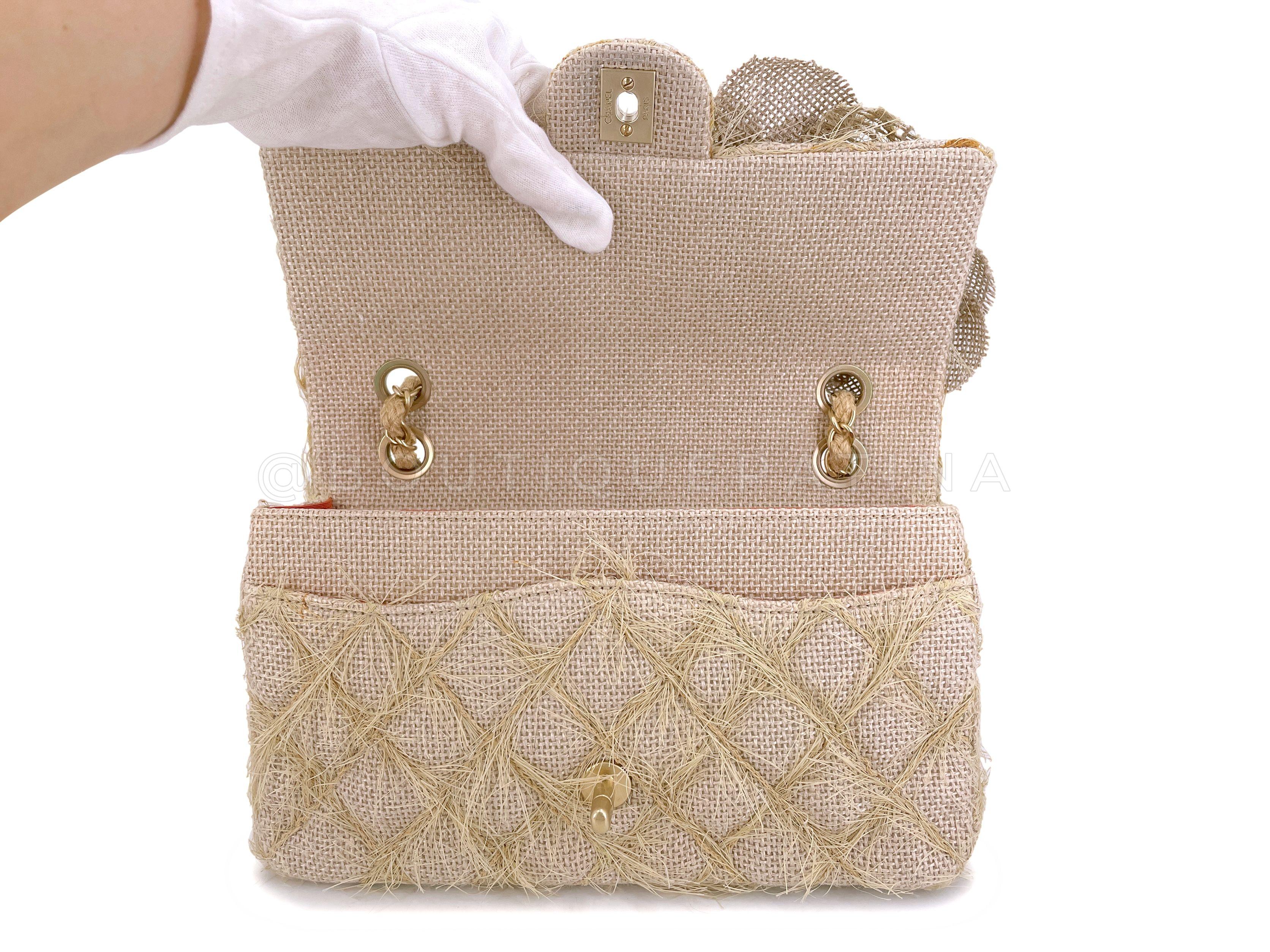 Chanel 2010 Taupe Beige Camellia Straw Raffia Classic Flap Bag GHW 66611 3