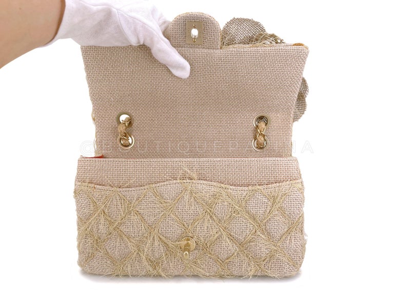 Chanel 2010 Taupe Beige Camellia Straw Raffia Classic Flap Bag GHW 66611 For Sale 5