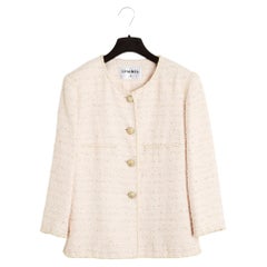 Chanel 2010 Veste Rose Pale FR40 Baby Pink Beige Cotton Tweed Jacket UK12 US10