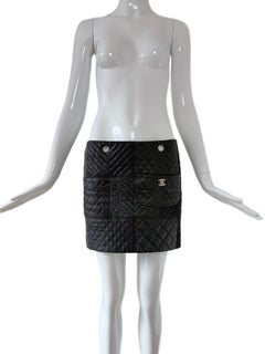 CHANEL 2010 Vintage Black Leather Mini Skirt w. Silver Hardware Chain Suspenders
