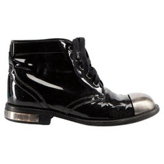 Vintage Chanel 2011 Black Patent Metal Cap Toe Boots Size IT 37