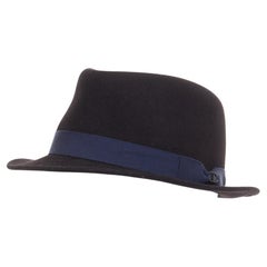 CHANEL 2011 black rabbit felt  navy ribbon trim CC logo fedora hat M