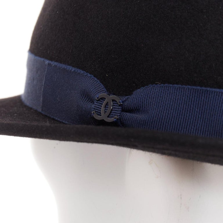 CHANEL 2011 black rabbit felt navy ribbon trim CC logo  display picture 2