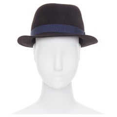 CHANEL 2011 black rabbit felt  navy ribbon trim CC logo fedora hat M