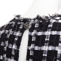 CHANEL 2011 black white checkered frayed tweed buttons ruched mini dress FR36 S