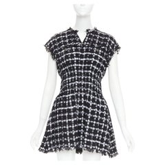 CHANEL 2011 black white checkered frayed tweed buttons ruched mini dress FR36 S