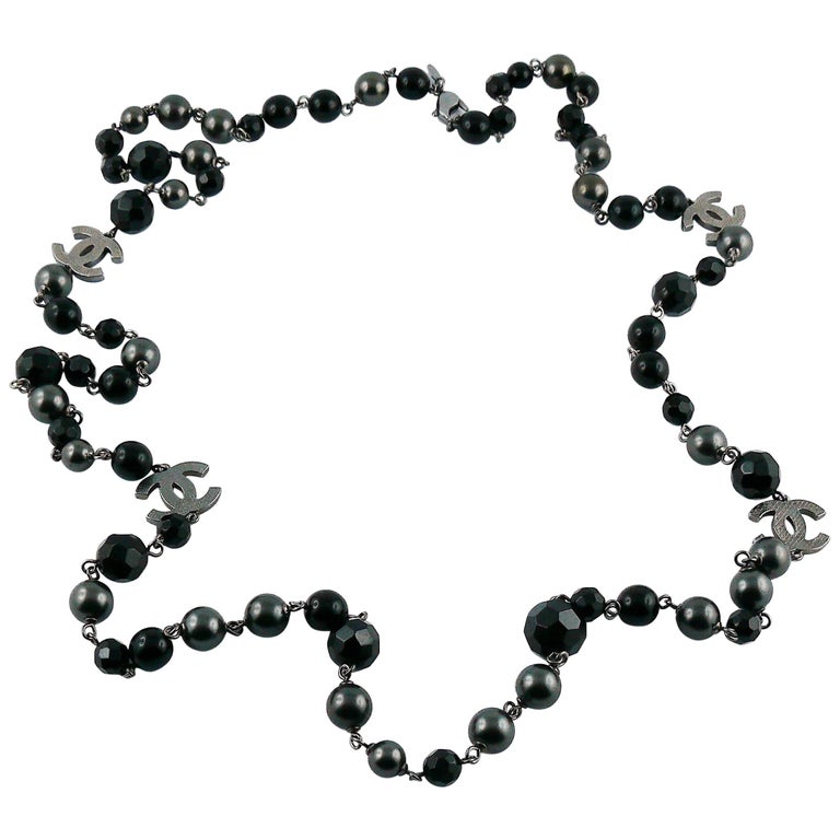 Chanel 2011 Grey Pearl and Black Bead Logo Necklace at 1stDibs