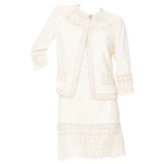 Chanel 2011 Ivory Cotton-Blend Tweed and Camelia Lace Beaded Skirt Suit