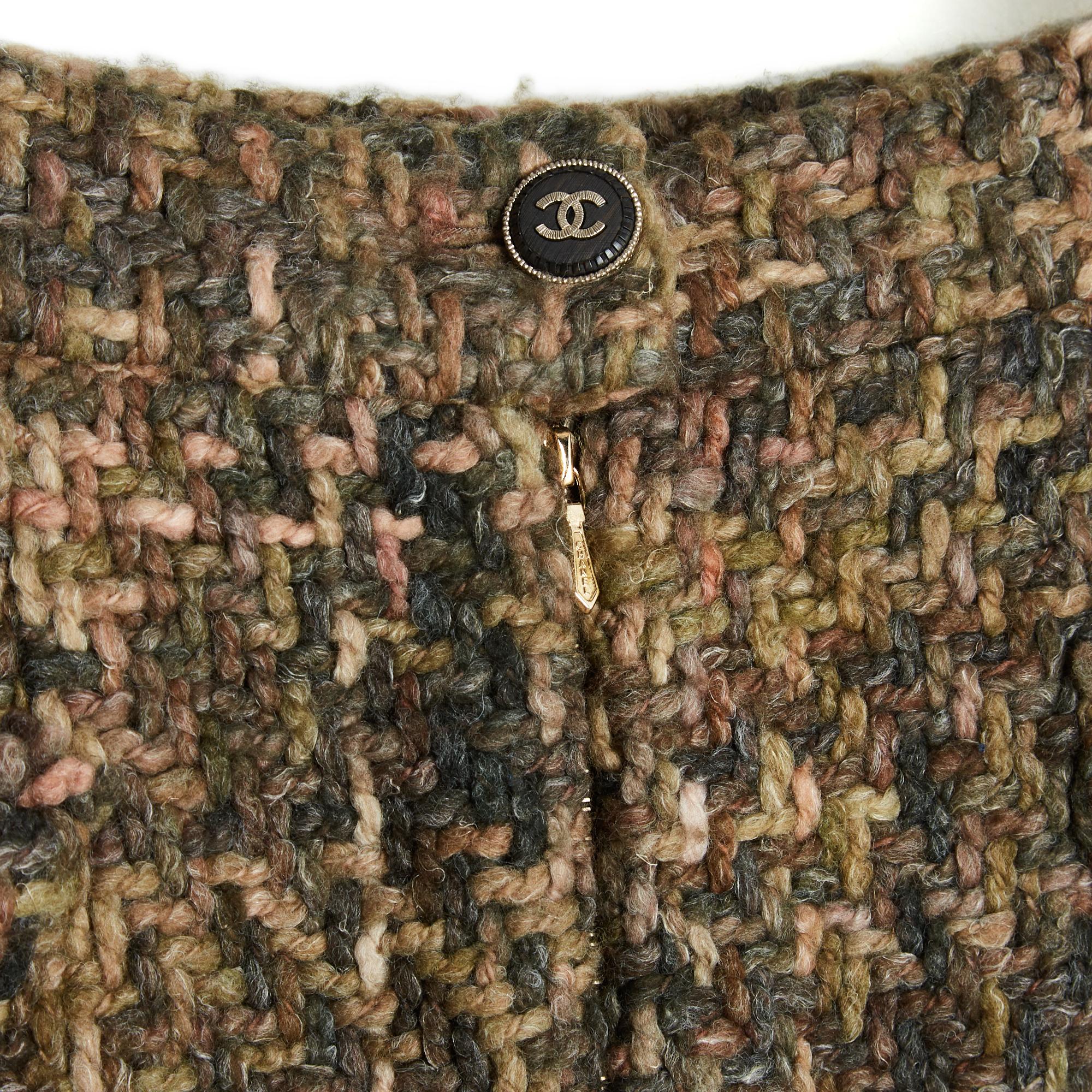 Chanel 2011 Jupe Tweed Kaki FR34 Grün Rosa Wolle Double Zipper Rock UK6 US4 Damen im Angebot