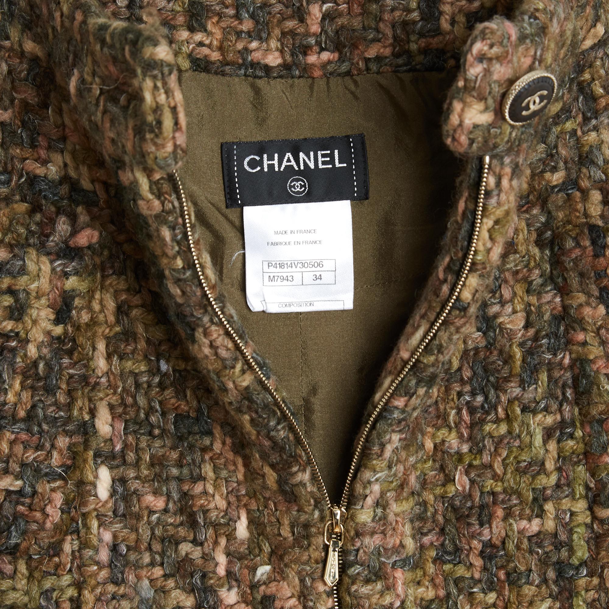 Chanel 2011 Jupe Tweed Kaki FR34 Grün Rosa Wolle Double Zipper Rock UK6 US4 im Angebot 2