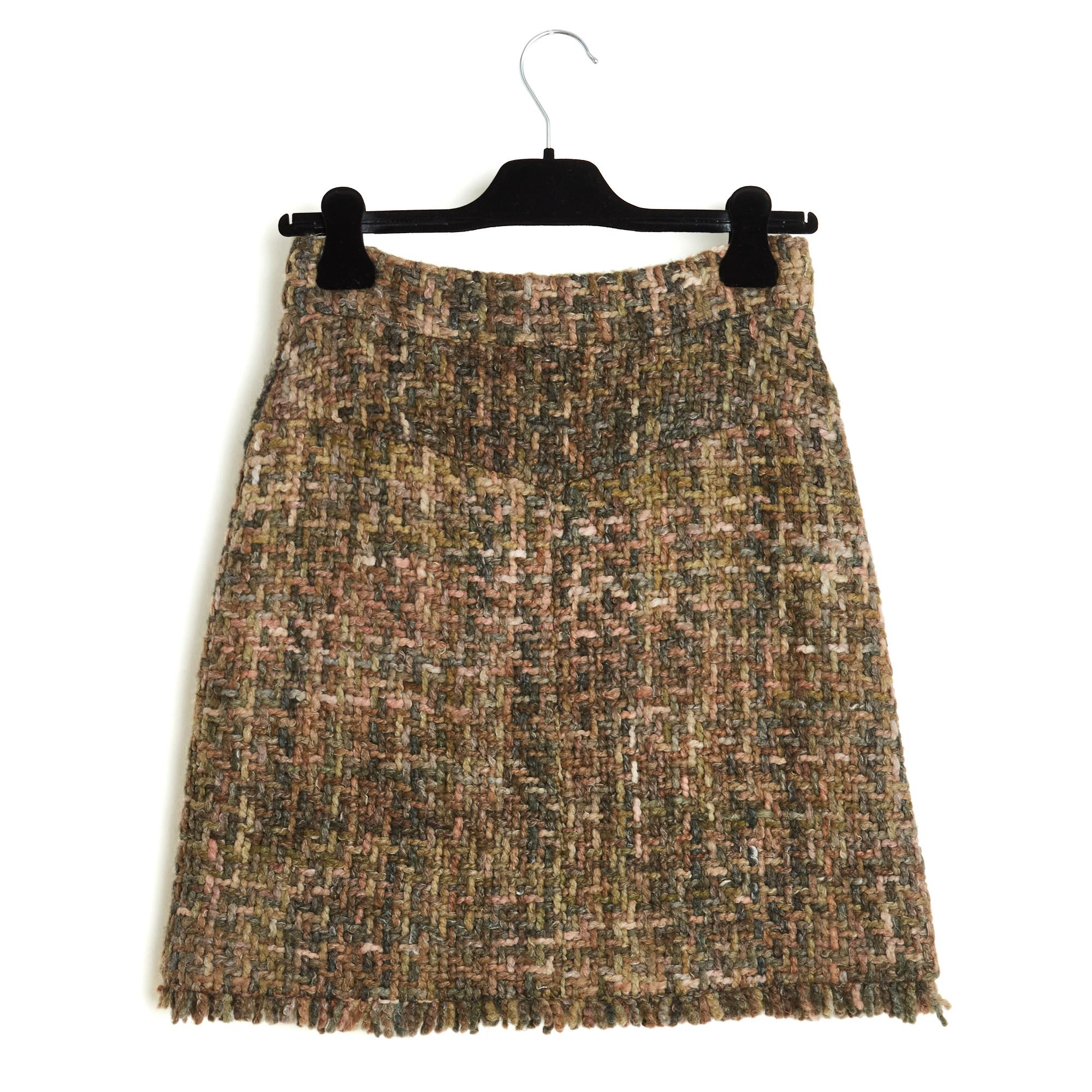 Chanel 2011 Jupe Tweed Kaki FR34 Grün Rosa Wolle Double Zipper Rock UK6 US4 im Angebot 3