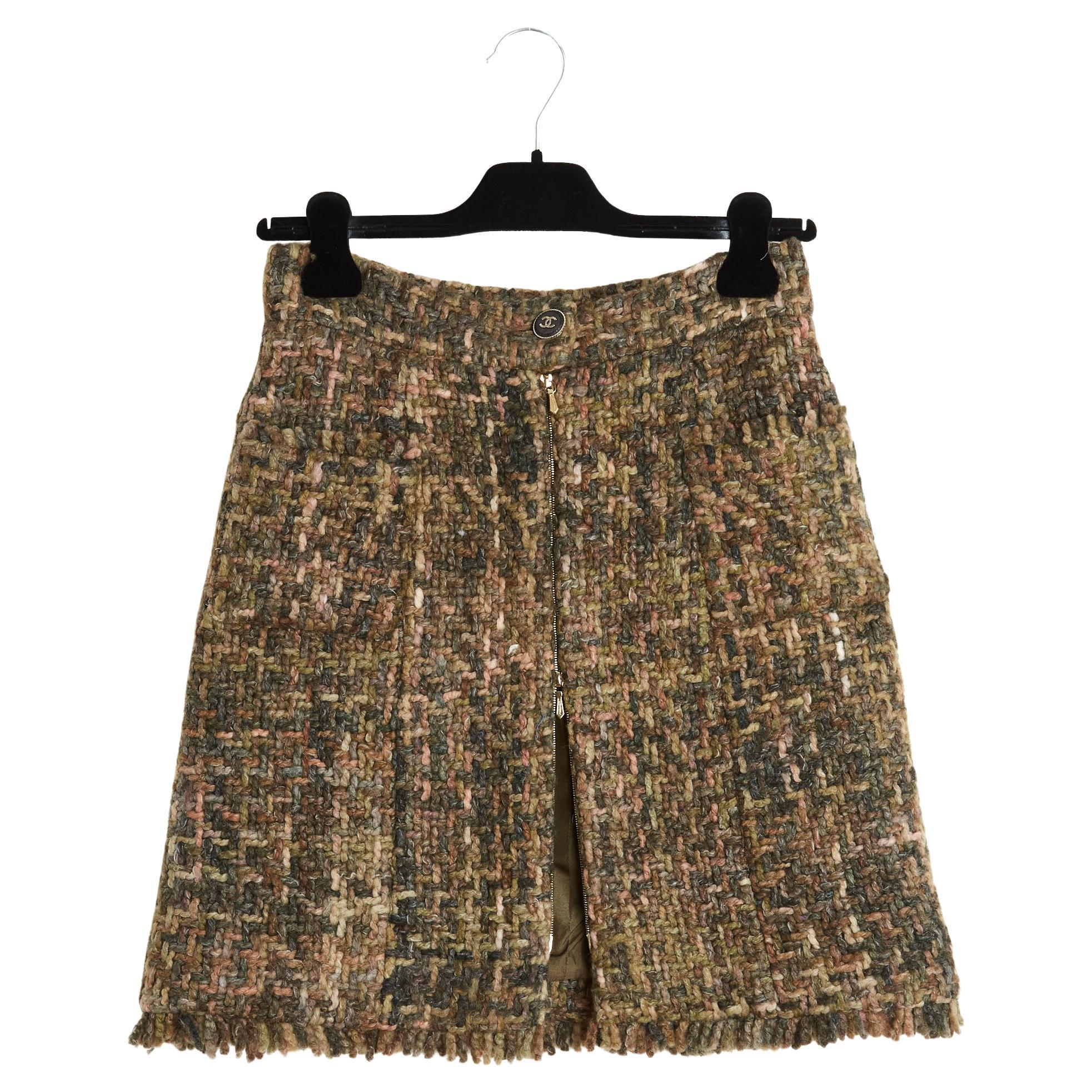 Chanel 2011 Jupe Tweed Kaki FR34 Green Pink Wool Double Zipper Skirt UK6 US4