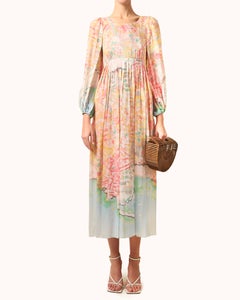 Chanel 2011 pink blue pastel babydoll print puff sleeve midi maxi silk dress