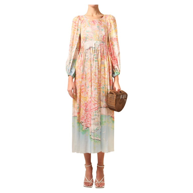 Chanel 2011 pink blue pastel babydoll print puff sleeve midi maxi