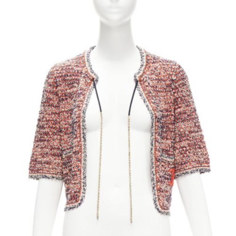 Marrone Chanel 2011, giacca cropped in maglia boule rossa con logo CC e catena d'oro FR36 S in vendita