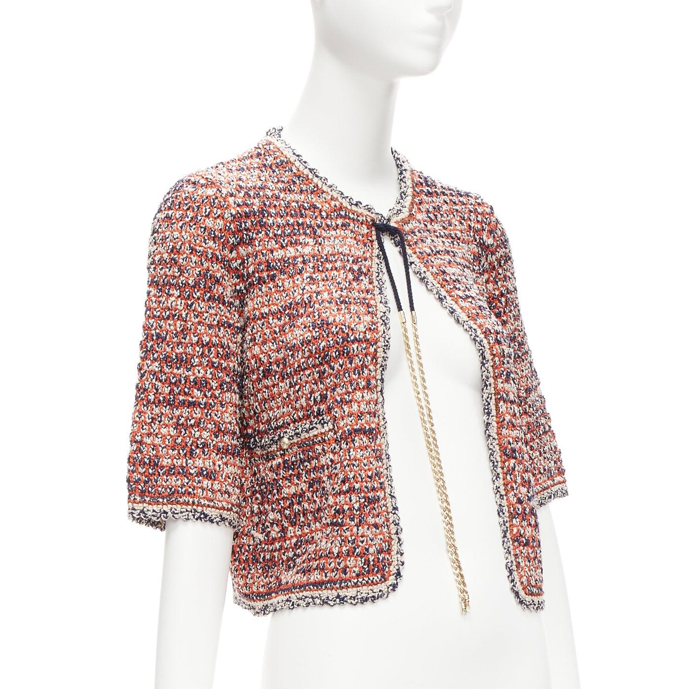 CHANEL 2011 red boule knit CC logo gold chain cropped jacket FR36 S In Excellent Condition For Sale In Hong Kong, NT