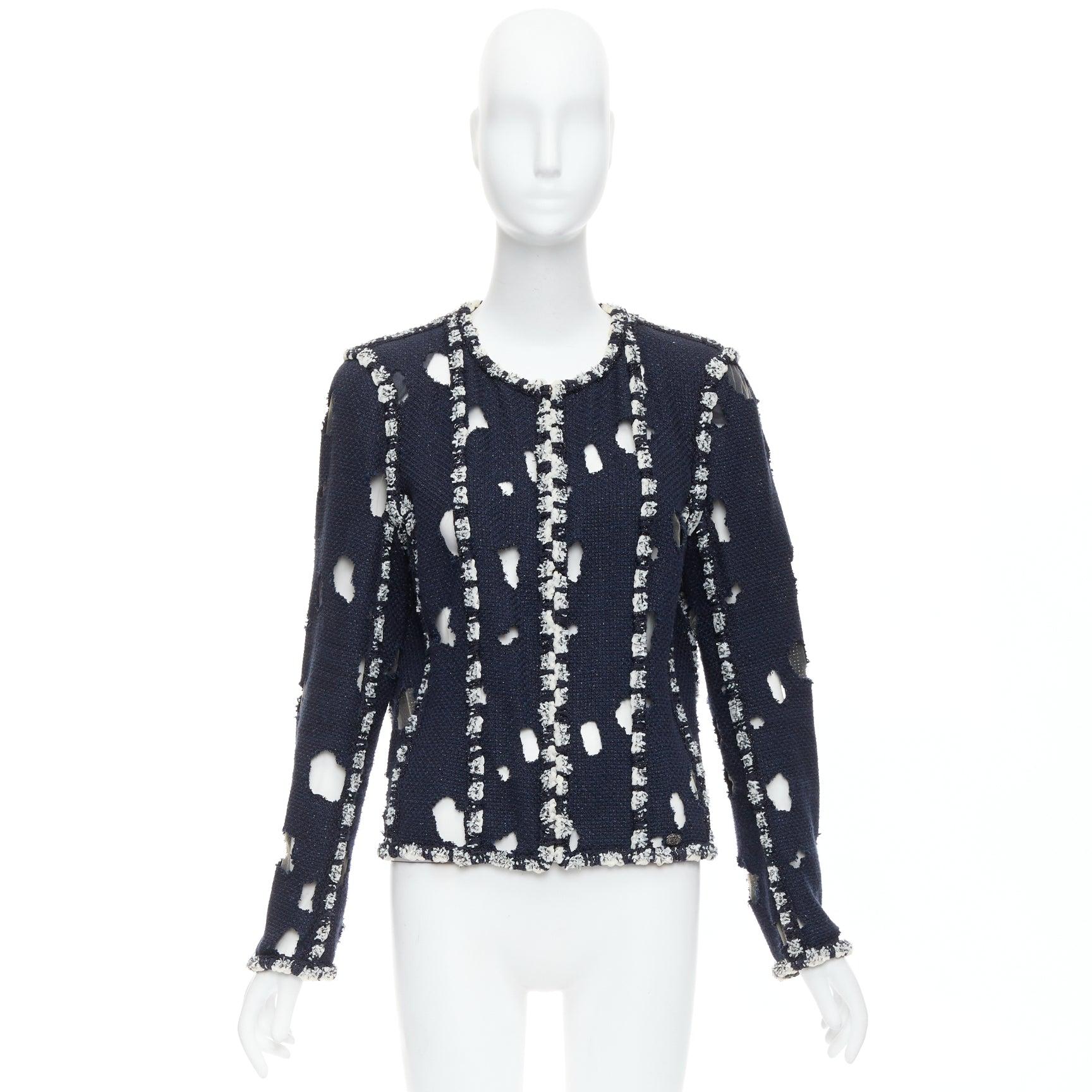 CHANEL 2011 Runway Punk distressed holey navy tweed jacket FR46 XXL 7