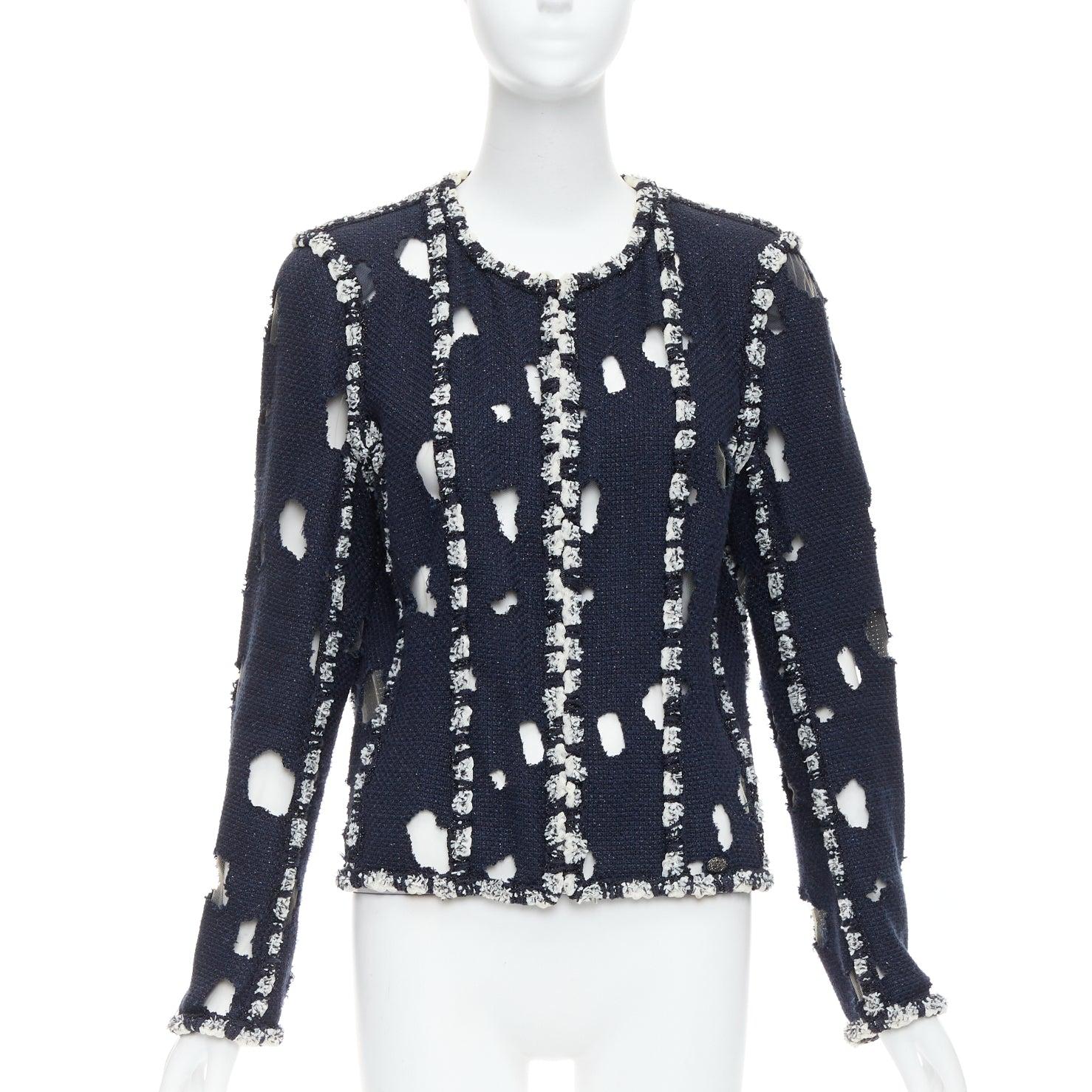 Black CHANEL 2011 Runway Punk distressed holey navy tweed jacket FR46 XXL