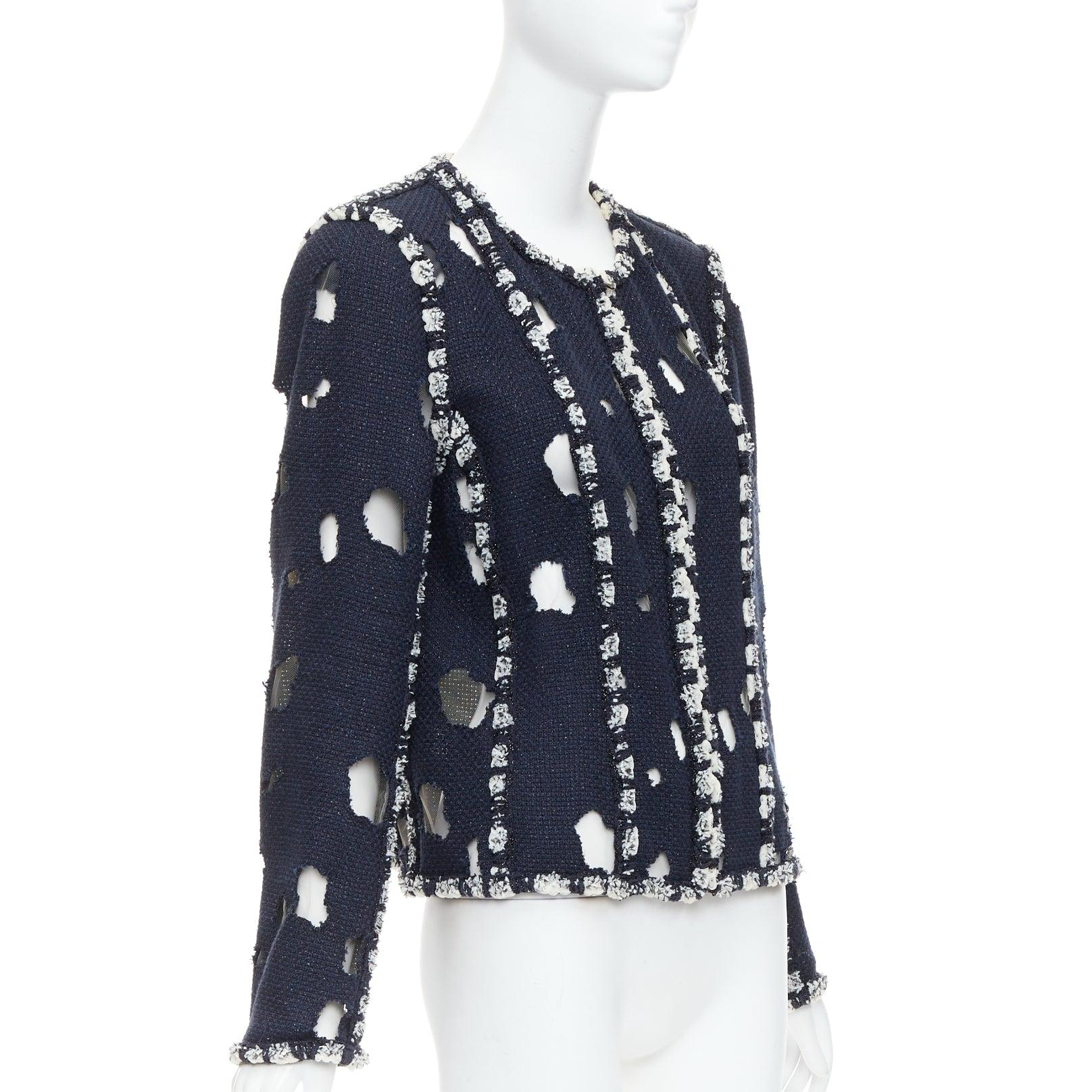CHANEL 2011 Runway Punk distressed holey navy tweed jacket FR46 XXL In Good Condition In Hong Kong, NT