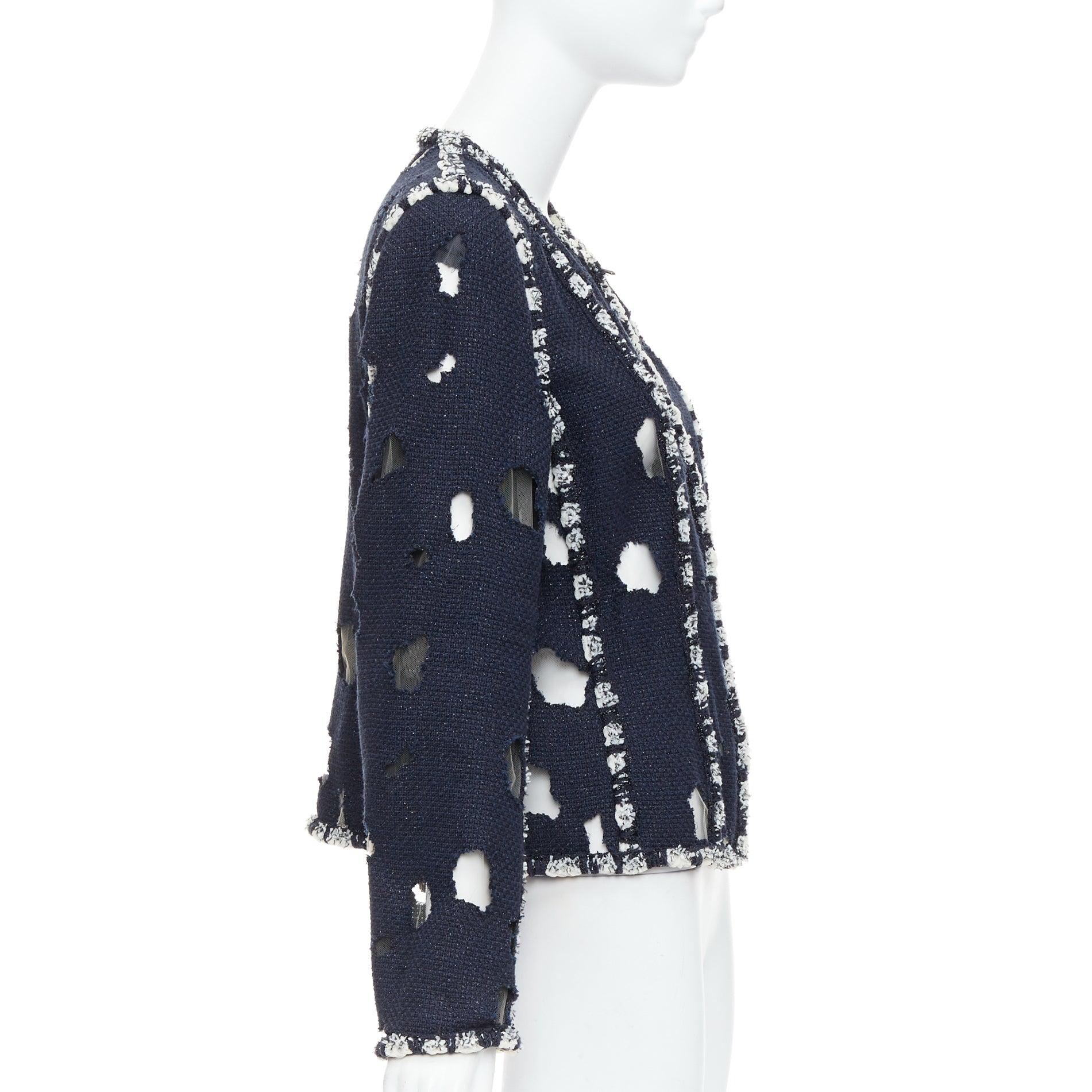 Women's CHANEL 2011 Runway Punk distressed holey navy tweed jacket FR46 XXL