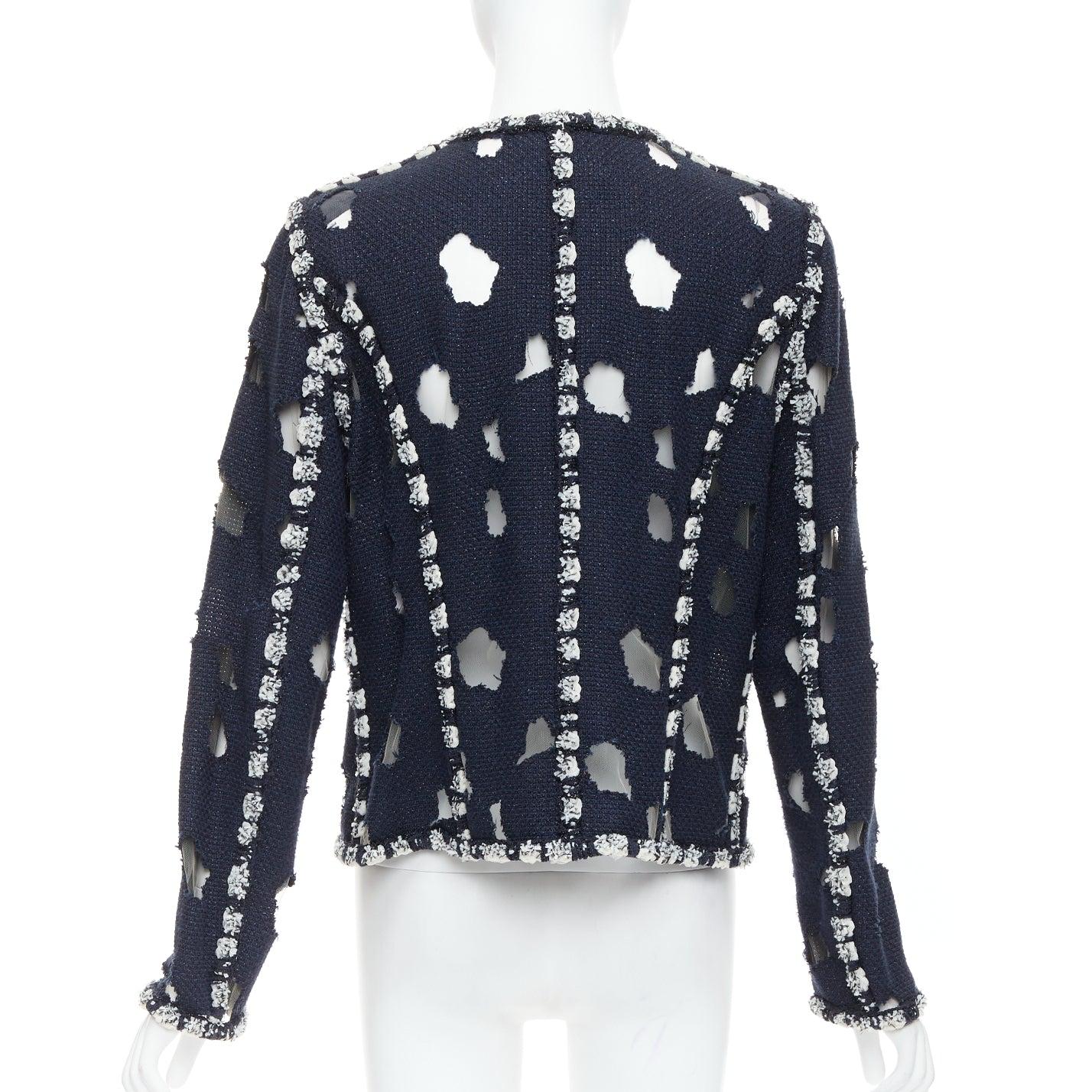 CHANEL 2011 Runway Punk distressed holey navy tweed jacket FR46 XXL 1