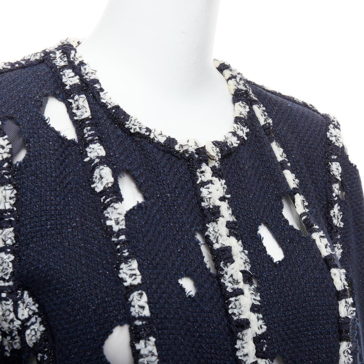 CHANEL 2011 Runway Punk distressed holey navy tweed jacket FR46 XXL 3