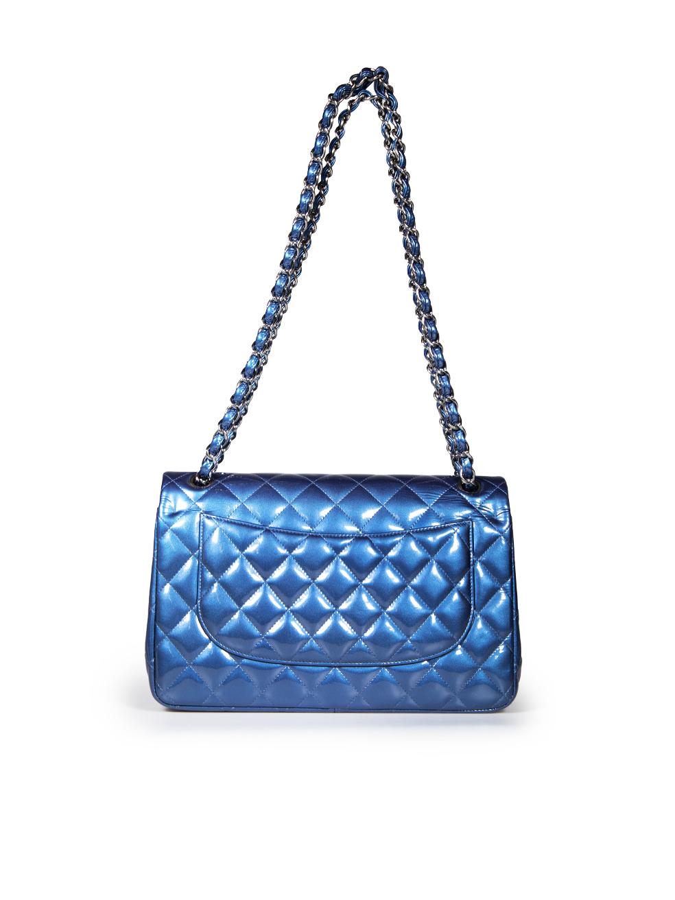 Chanel 2012-2013 Blue Patent Jumbo Double Flap Bag In Good Condition In London, GB