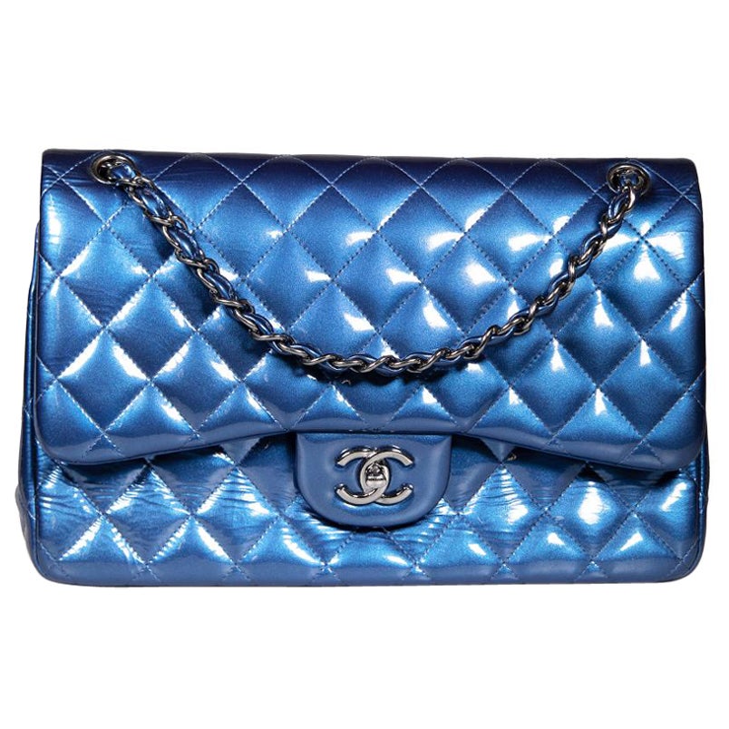 Chanel 2012-2013 Blue Patent Jumbo Double Flap Bag