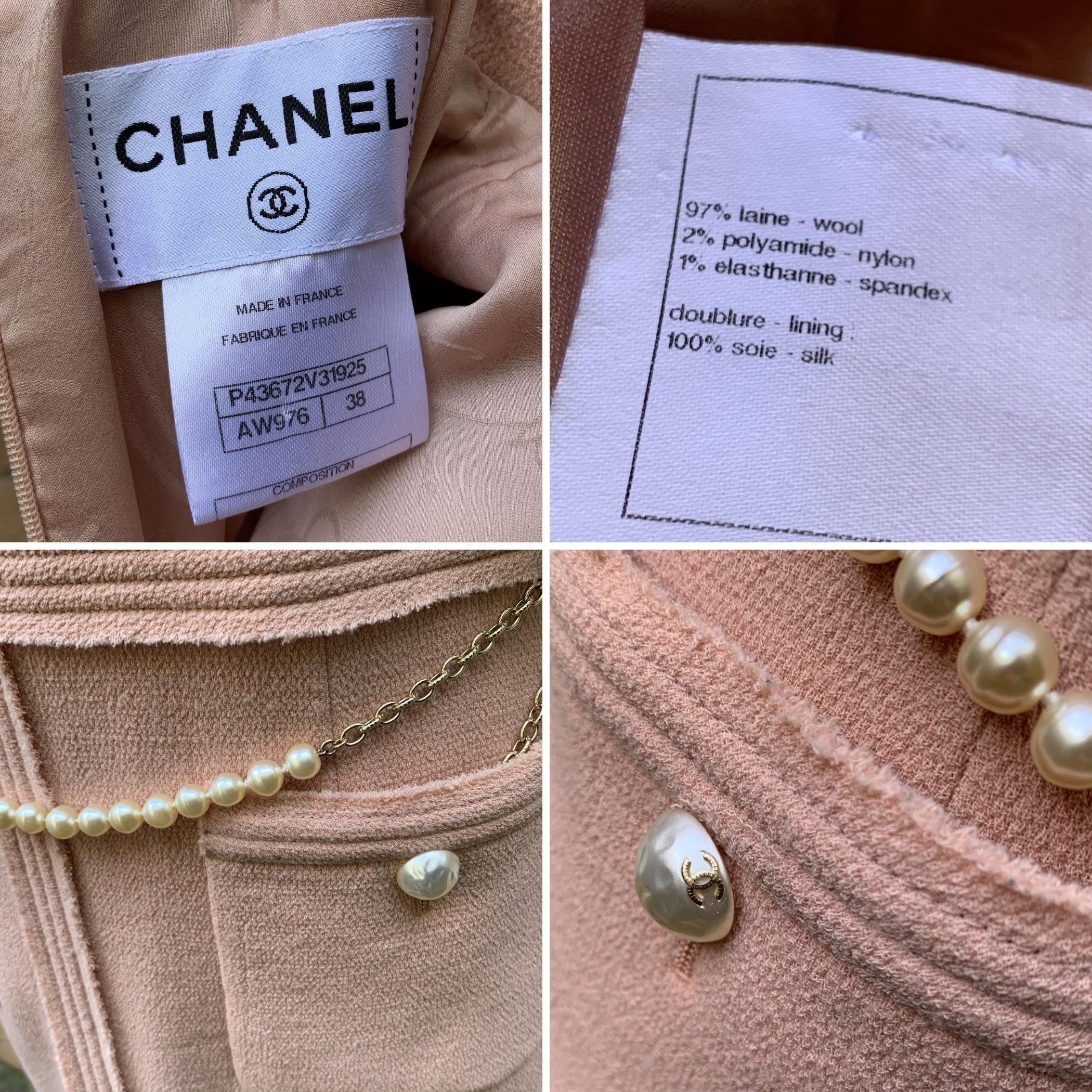 De las mujeres Chanel 2012 Vestido midi de tweed rosa bebé con cinturón de perlas Talla 38 FR
