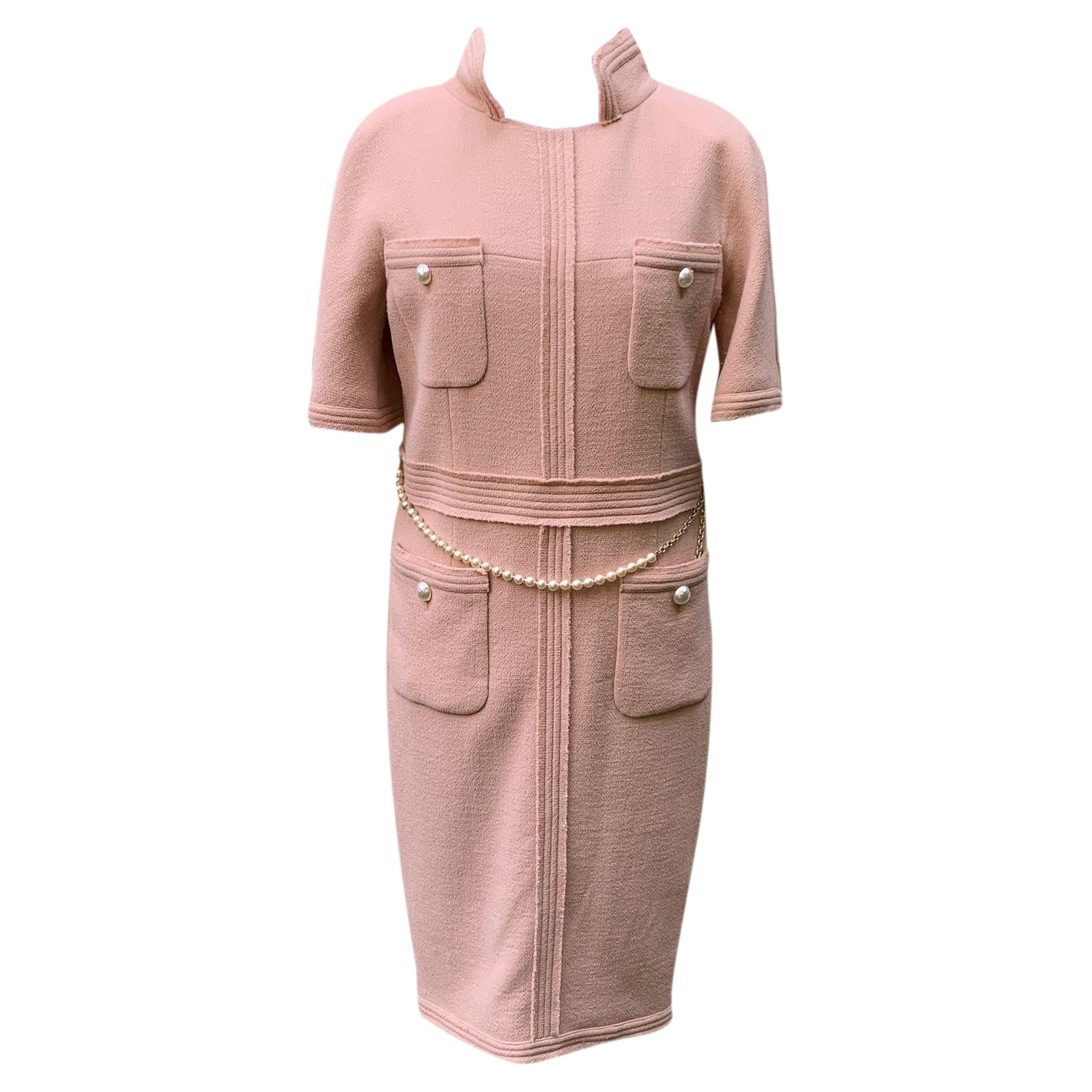 Chanel 2012 Baby Pink Tweed Midi Dress with Pearl Belt Size 38 FR
